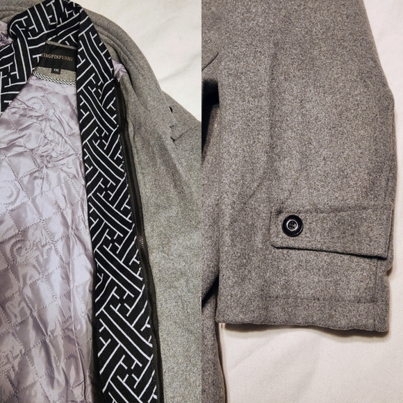 Amazon Wool Blend Detachable Scarf Mens Collar Trench Pea Coat Grey 2X-Large - Picture 5 of 7